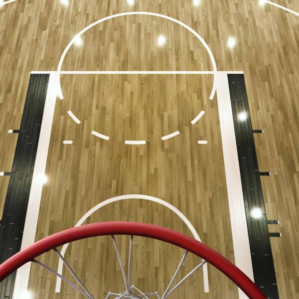 Professional Basketball Arena With Basketball Hoop In 3D. Top View Through The Basketball Hoop